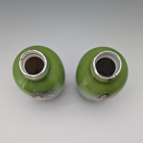 1910 British antique ceramic woman painted flower vase pair with pure silver decoration