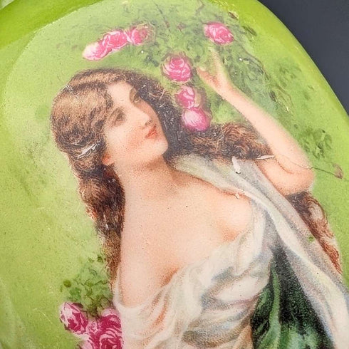 1910 British antique ceramic woman painted flower vase pair with pure silver decoration