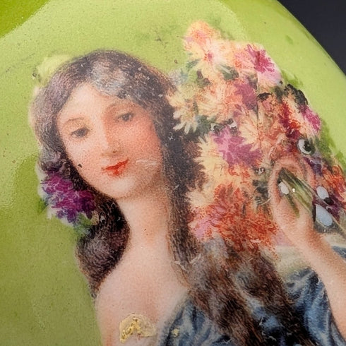 1910 British antique ceramic woman painted flower vase pair with pure silver decoration