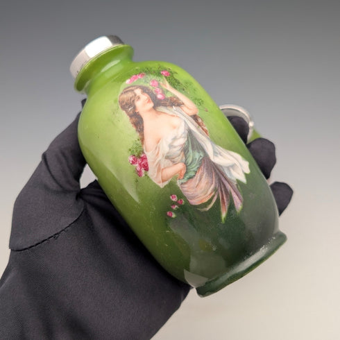 1910 British antique ceramic woman painted flower vase pair with pure silver decoration