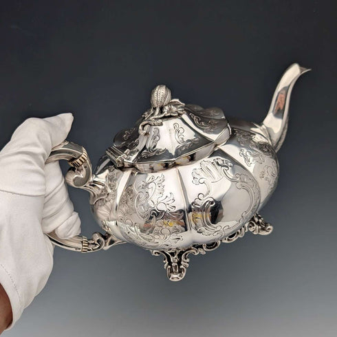 Late 19th Century British Antique Silver Plate Melon Shaped Teapot