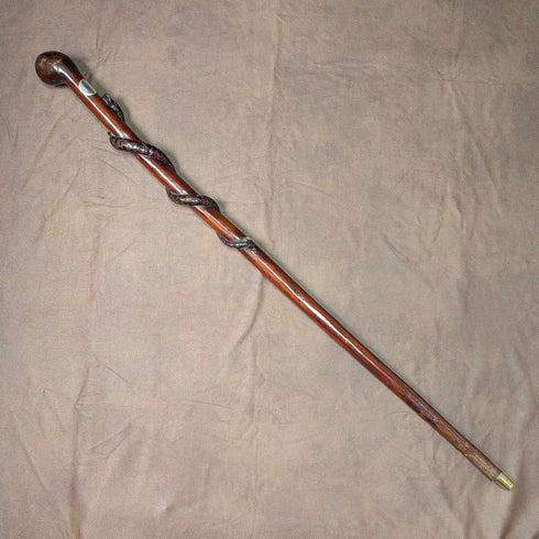 ヴィンテージ スネーク装飾ブラウンシャフト ノブハンドル ステッキ 杖 90cm