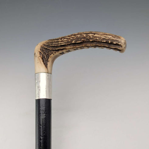 1914 British antique black shaft L-shaped antler handle pure silver decorated walking stick 88cm