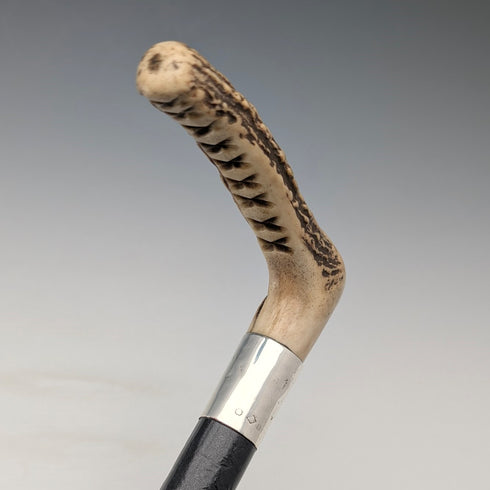 1914 年英國古董黑軸 L 形鹿角手柄純銀裝飾手杖 手杖 88 厘米