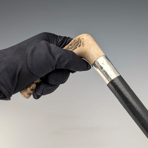 1914 年英國古董黑軸 L 形鹿角手柄純銀裝飾手杖 手杖 88 厘米