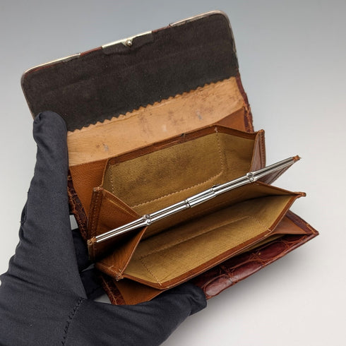 1907年 英国アンティーク 純銀装飾 小型革財布 小銭入れ Boots Pure Drug Company