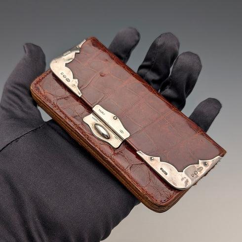 1907年 英国アンティーク 純銀装飾 小型革財布 小銭入れ Boots Pure Drug Company