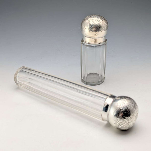 1888 British antique silver lid glass bottle pair, Army & Navy Cooperative