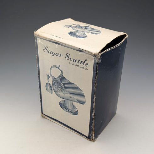 Vintage silver plate sugar bowl with charcoal crate design, boxed