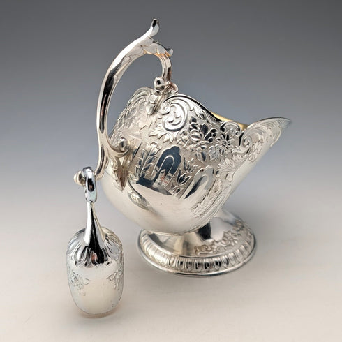 Vintage silver plate sugar bowl with charcoal crate design, boxed