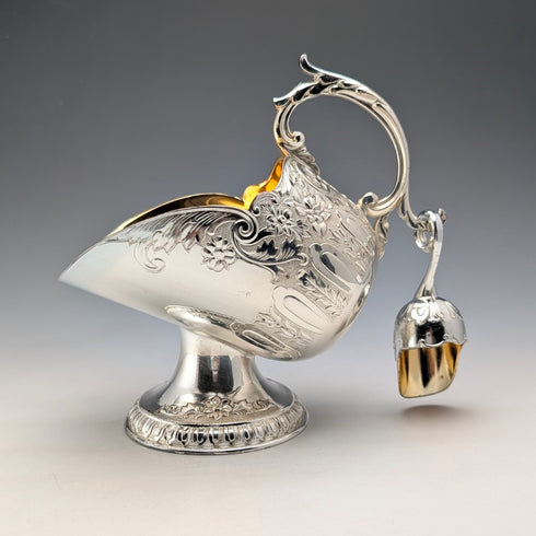 Vintage silver plate sugar bowl with charcoal crate design, boxed