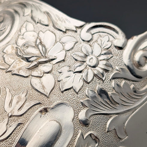 Vintage silver plate sugar bowl with charcoal crate design, boxed