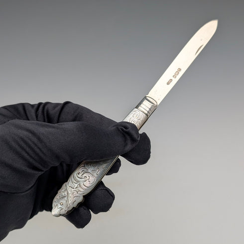 1903 年英國古董白珍珠手柄純銀刀片小刀 Fattorini&Sons