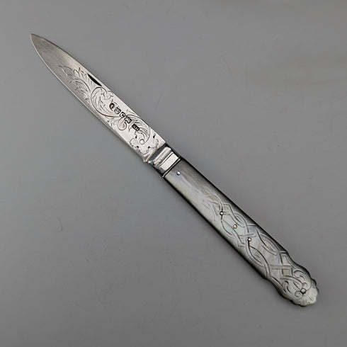 1846 British antique penknife with white mother-of-pearl handle and pure silver engraved blade by Aaron Hadfield