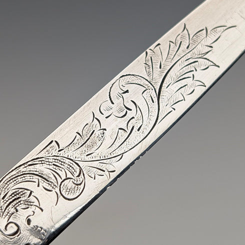 1846 British antique penknife with white mother-of-pearl handle and pure silver engraved blade by Aaron Hadfield