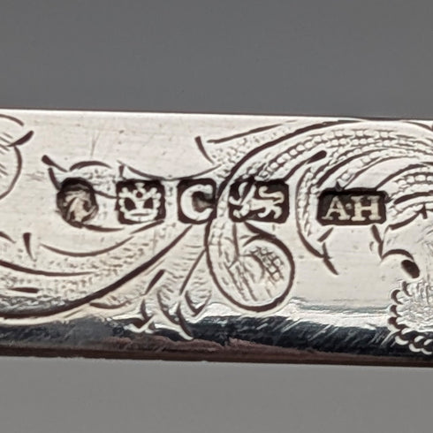1846 British antique penknife with white mother-of-pearl handle and pure silver engraved blade by Aaron Hadfield