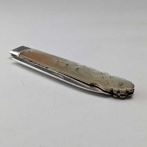 1846 British antique penknife with white mother-of-pearl handle and pure silver engraved blade by Aaron Hadfield