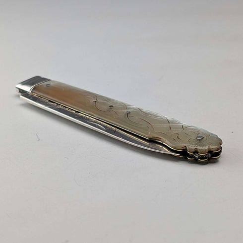 1846 British antique penknife with white mother-of-pearl handle and pure silver engraved blade by Aaron Hadfield