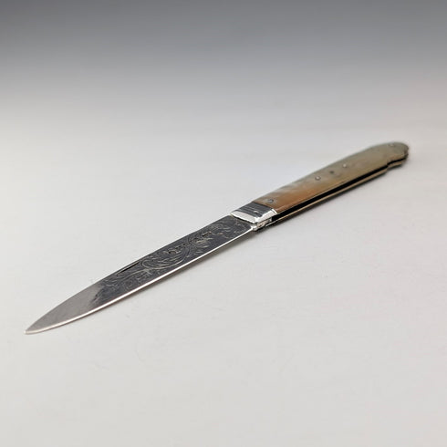 1846 British antique penknife with white mother-of-pearl handle and pure silver engraved blade by Aaron Hadfield