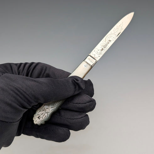 1846 British antique penknife with white mother-of-pearl handle and pure silver engraved blade by Aaron Hadfield