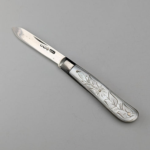 1924 British antique white mother-of-pearl handle, pure silver blade penknife by John Yeomans Cowlishaw