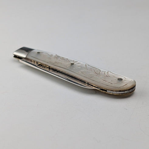 1924 British antique white mother-of-pearl handle, pure silver blade penknife by John Yeomans Cowlishaw