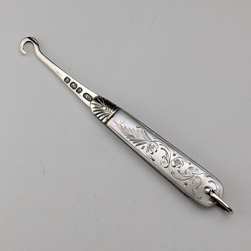 1896 British antique white mother-of-pearl handle pure silver button hook Arthur Worral Staniforth