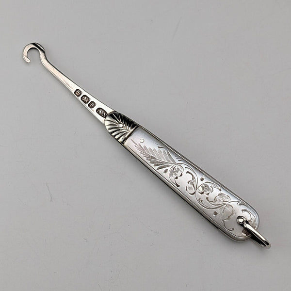 1896 British antique white mother-of-pearl handle pure silver button hook Arthur Worral Staniforth