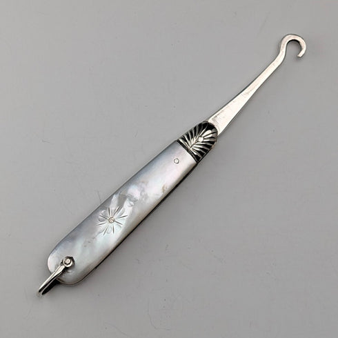 1896 British antique white mother-of-pearl handle pure silver button hook Arthur Worral Staniforth