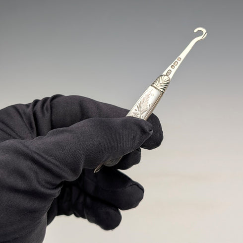 1896 British antique white mother-of-pearl handle pure silver button hook Arthur Worral Staniforth