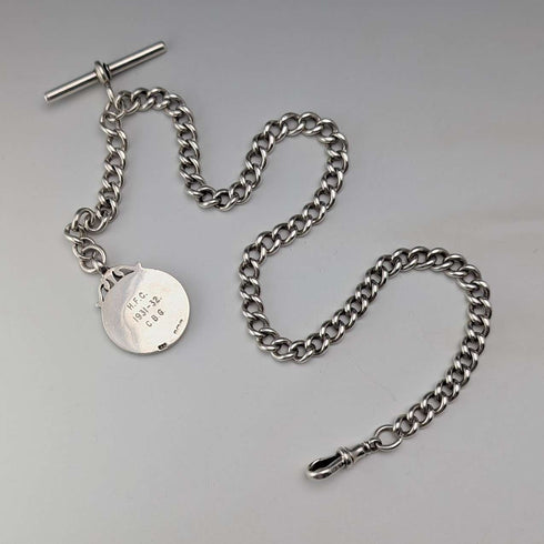 Circa 1900 British antique sterling silver Albert chain, 49g sterling silver medal fob
