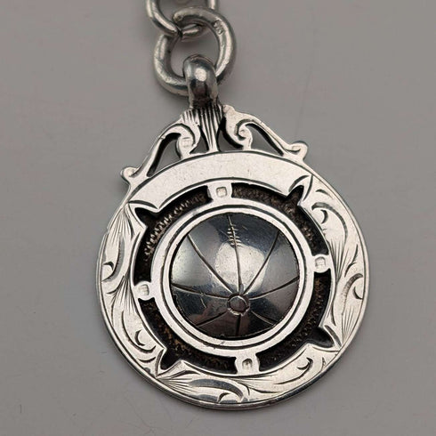 Circa 1900 British antique sterling silver Albert chain, 49g sterling silver medal fob