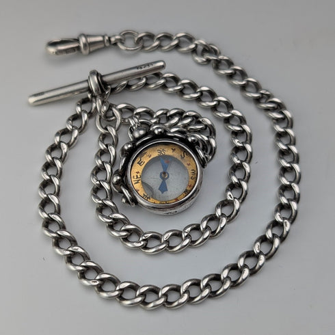 Circa 1900 British antique sterling silver Albert chain, 37g, sterling silver compass fob
