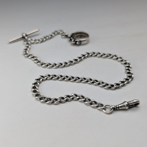 Circa 1900 British antique sterling silver Albert chain, 37g, sterling silver compass fob