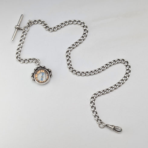 Circa 1900 British antique sterling silver Albert chain, 37g, sterling silver compass fob