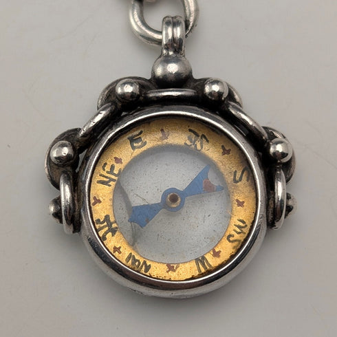 Circa 1900 British antique sterling silver Albert chain, 37g, sterling silver compass fob