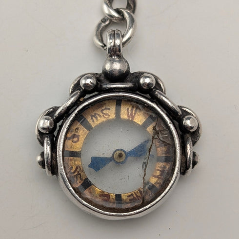 Circa 1900 British antique sterling silver Albert chain, 37g, sterling silver compass fob