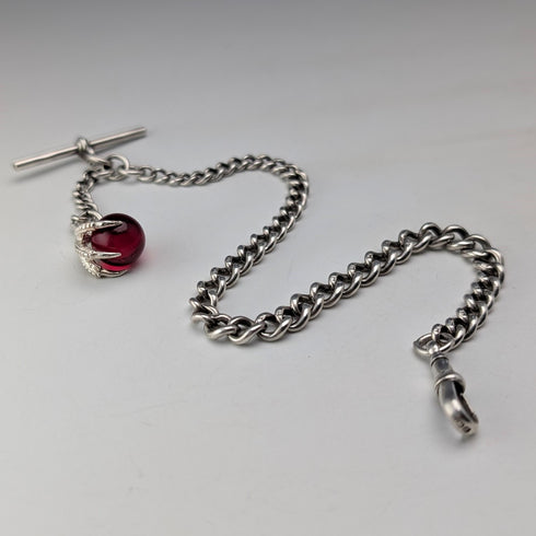 1900年頃 英国アンティーク 純銀製アルバートチェーン 28g クロウ&ボウルフォブ