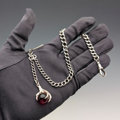 1900年頃 英国アンティーク 純銀製アルバートチェーン 28g クロウ&ボウルフォブ