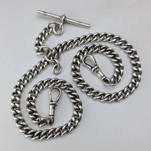 Circa 1914 British antique sterling silver double Albert chain, 53g, no fob