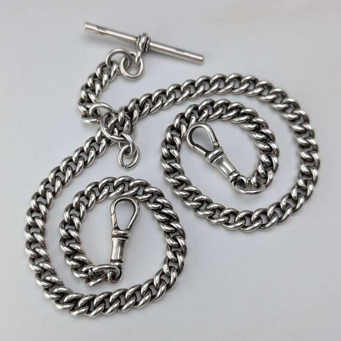 Circa 1914 British antique sterling silver double Albert chain, 53g, no fob