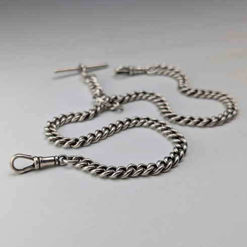 Circa 1914 British antique sterling silver double Albert chain, 53g, no fob