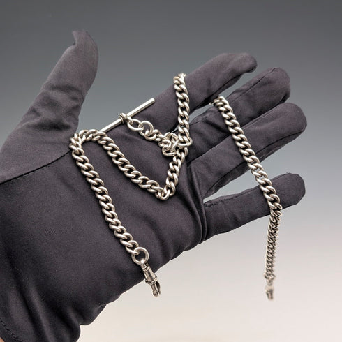 Circa 1914 British antique sterling silver double Albert chain, 53g, no fob