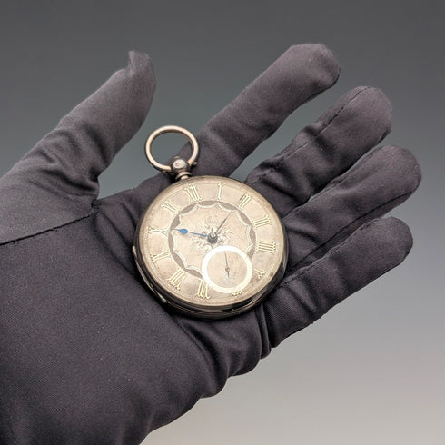 1862年 英国アンティーク 装飾ダイヤル 鍵巻き 懐中時計 直径53mm 動作良好