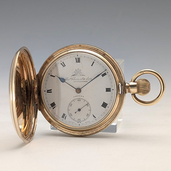 1920s British antique Russell pocket watch, gold plated hunter case, in good working order
