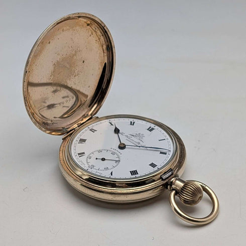 1920s British antique Russell pocket watch, gold plated hunter case, in good working order