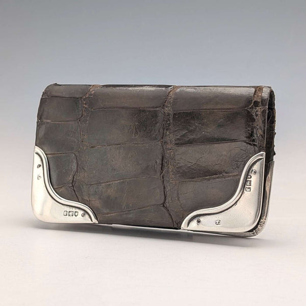 1903 British antique sterling silver decorated small leather wallet with coin purse