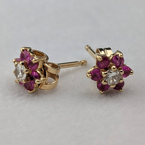 Antique 18K Gold Earrings with Diamonds, Rubies and Flowers