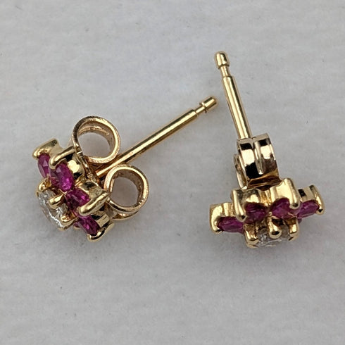 Antique 18K Gold Earrings with Diamonds, Rubies and Flowers