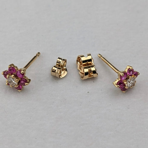 Antique 18K Gold Earrings with Diamonds, Rubies and Flowers